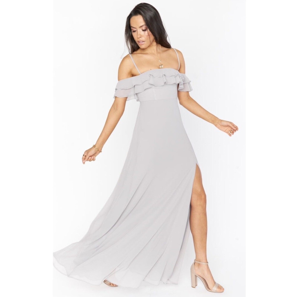 NWT Show Me Your Mumu Emma Ruffle Maxi in Dove Gray Chiffon Size Medium